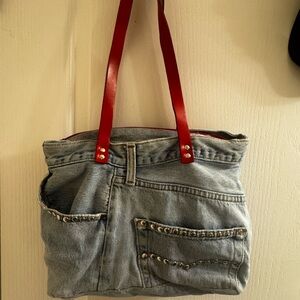 Stylish Denim Tote Bag with Red Straps